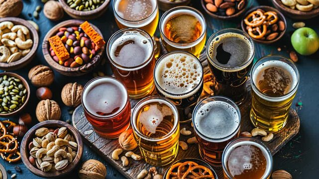 Guests savor an assortment of craft beers and tasty snacks while enjoying a casual gathering with friends in the sunlight