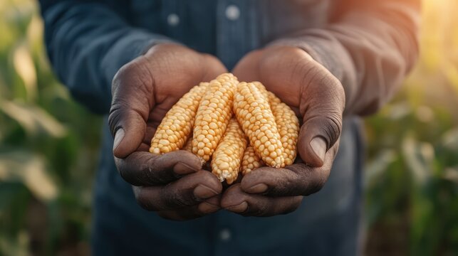 A beautiful image of hands cradling ripe ears of corn, reflecting a strong connection to nature and the rewarding experience of harvesting crops in a sunlit field.