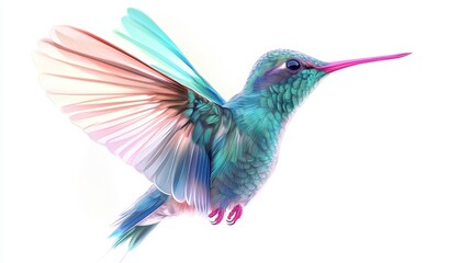 A vibrant hummingbird in flight, adorned in shimmering shades of pink, blue, green, and hints of...