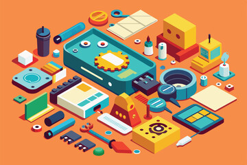 Obraz premium This illustration features an array of components laid out in a vibrant design depicting a product teardown process, Product teardown Customizable Flat Illustration