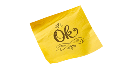 text OK written on yellow piece of paper isolated on transparent background