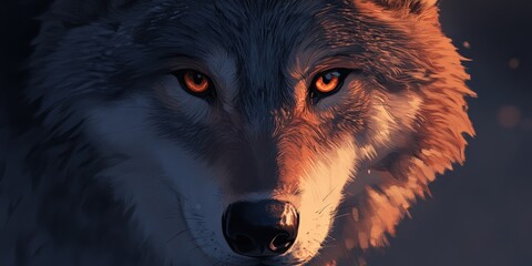 Intense gaze meets viewer in this close-up of a gray wolf. Mosaic fur blends brown, orange, and...