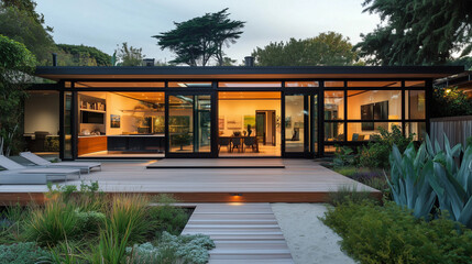 Fototapeta premium Modern beach bungalow with glass walls, tropical plants, and wooden deck-4