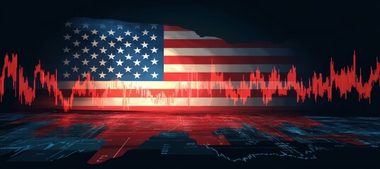American Flag with Financial Market Data Overlay Visualization. Stock Market, Trading