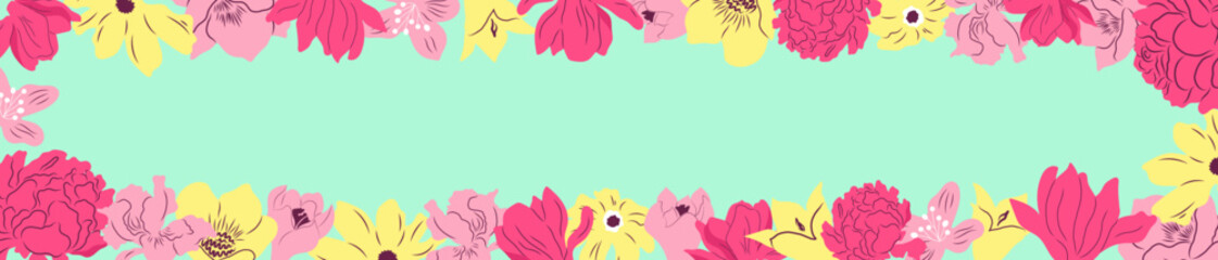 Colourful template with peony, magnolia, bellflowers. Vector hand drawn floral banner.
