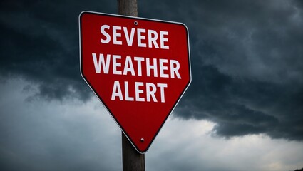 Severe Weather Alert – Red severe weather warning sign, stormy sky, heavy rain