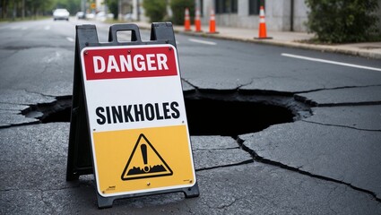 Danger Sinkholes – Sinkhole hazard sign near deep ground collapse, cracked asphalt, urban setting.