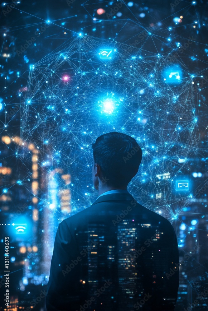 Poster man standing in front of a dynamic digital network visualization against a city skyline at night
