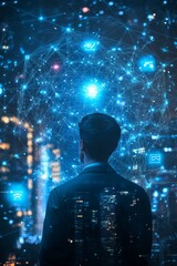 Man Standing in Front of a Dynamic Digital Network Visualization Against a City Skyline at Night