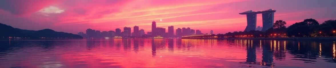 Naklejka premium Pink and orange hues illuminate the cityscape, reflecting on tranquil water , sky, horizon, vibrant