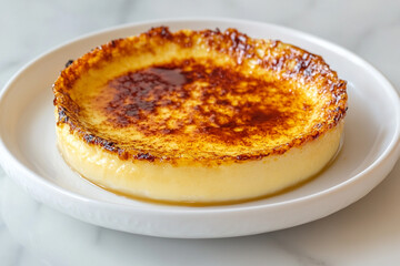 French creme brulee with crispy caramel crust served on stylish white plate
