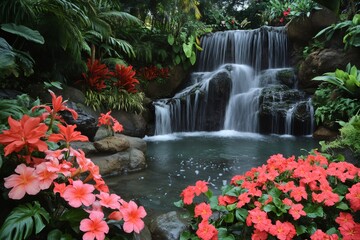 Naklejka premium Cascading Oasis: A serene indoor scene featuring a majestic waterfall cascading into a tranquil pool, surrounded by lush greenery and vibrant flowers, creates a sense of peace.