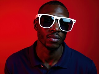 Obraz premium Portrait of Man Wearing White-Framed Sunglasses Against Red Background