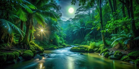 Dark jungle stream, low light reveals nocturnal wildlife in a mystical rainforest reflection.