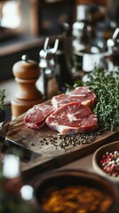 Fresh Cuts of Meat with Herbs and Spices on Rustic Wooden Table