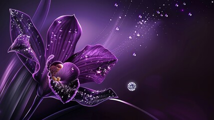 Fototapeta premium A single purple orchid with water droplets on its petals, against a dark purple background with sparkling effects.