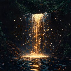 Enchanting Waterfall with Sparkling Particles in Lush Greenery