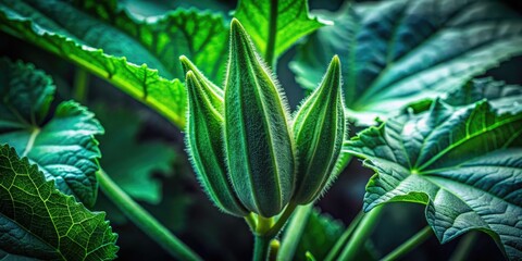 Deep green lady finger plant, minimalist botanical photography, showcasing its texture in low light.