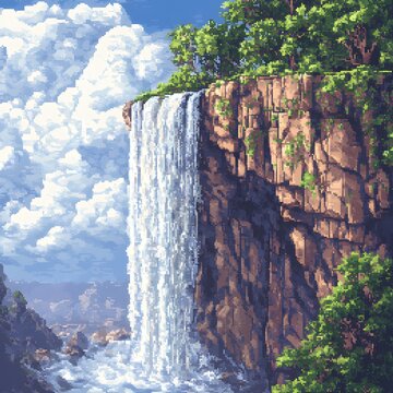 Majestic Waterfall Cascading Down Rocky Cliff in Lush Green Landscape