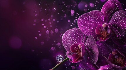 Fototapeta premium A purple orchid with water drops on its petals, with a purple background.