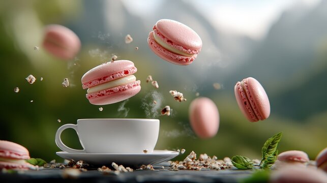A collection of stylish pink macarons floats gracefully above an inviting coffee mug, merging sweetness with warmth in an artistic culinary display for dessert lovers.