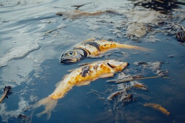 Obraz premium Contaminated water surface showing the devastating effects of oil and chemical toxins on marine life.