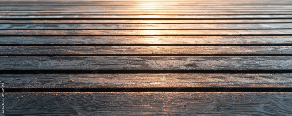 Poster a close-up view of wooden planks reflecting sunlight, creating a warm and inviting ambiance with a t