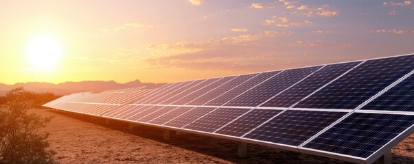 A serene sunrise illuminates a field of solar panels, showcasing renewable energy production and innovation in a sustainable landscape.