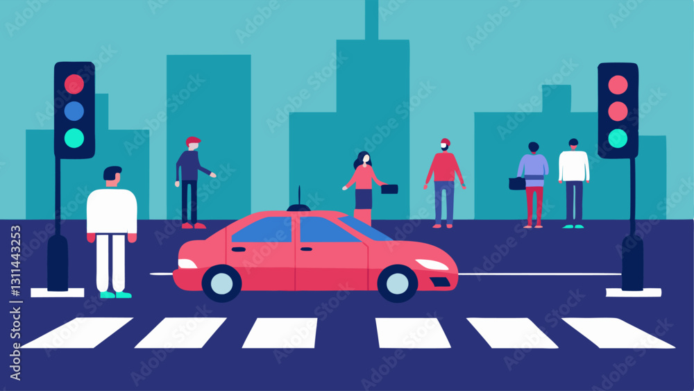 Poster traffic intersection an autonomous vehicle pauses at a stoplight with various digital signals and se