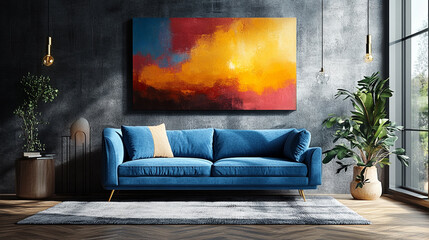 Cozy Living Room: A modern living room features a vibrant abstract painting, a comfortable blue sofa, potted plants, and natural light. The room exudes a sense of warmth and contemporary elegance.