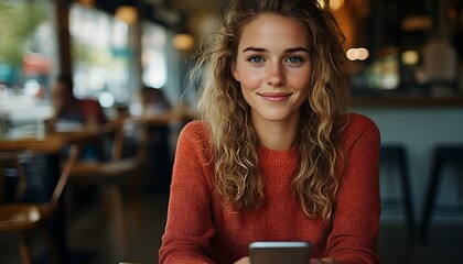 Smiling Young Woman with Curly Hair in a Red Shirt at a Cafe