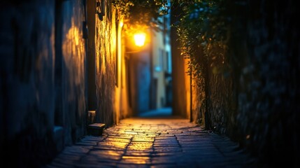 Dark and Moody Night Alley with Warm Lamplight