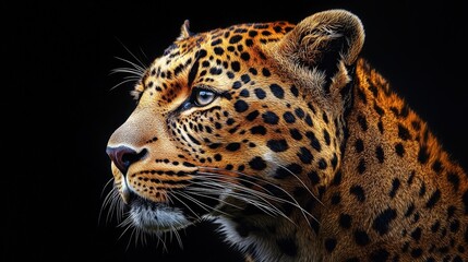 A captivating oil painting of a leopard’s visage with intricate brown-black spots, striking...