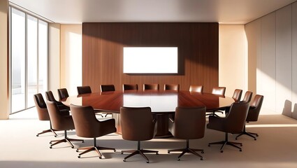 Fototapeta premium Spacious boardroom with polished wooden table and high-backed leather chairs, glowing presentation screen on the wall, soft natural light through large windows, gray-to-beige gradient background evoki