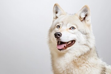 Obraz premium A close-up of a smiling white dog with striking blue eyes against a plain background.