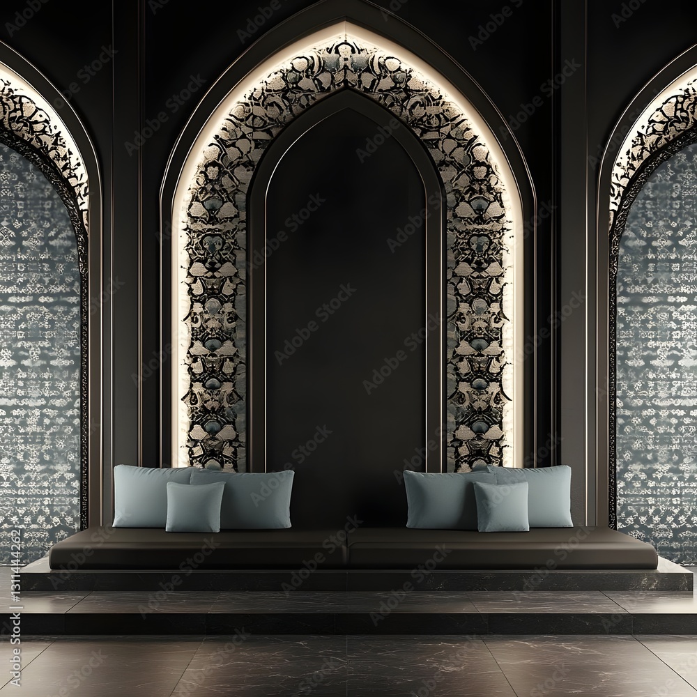 Aufkleber elegant interior design featuring arched walls with intricate patterns and soft seating in a serene 