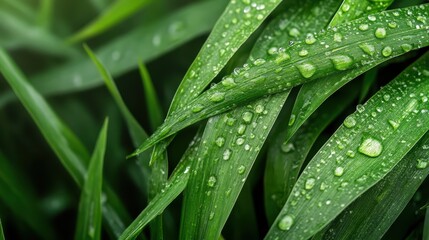 Vibrant green leaves adorned with sparkling water droplets portray the freshness of nature, signifying rejuvenation and the beauty of a lush environment after rain.