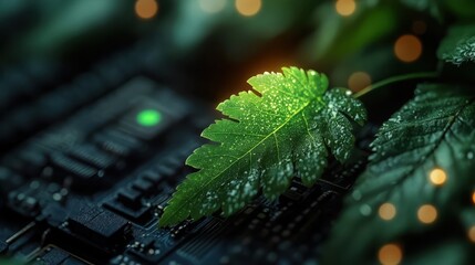A striking image merging nature and technology where a fresh green leaf rests on a circuit board, emphasizing sustainability and the relationship between technology and nature.