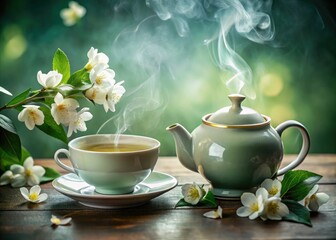 Elegant fashion photography showcases green tea and jasmine, a still life celebrating the artistry of a refined tea ceremony.