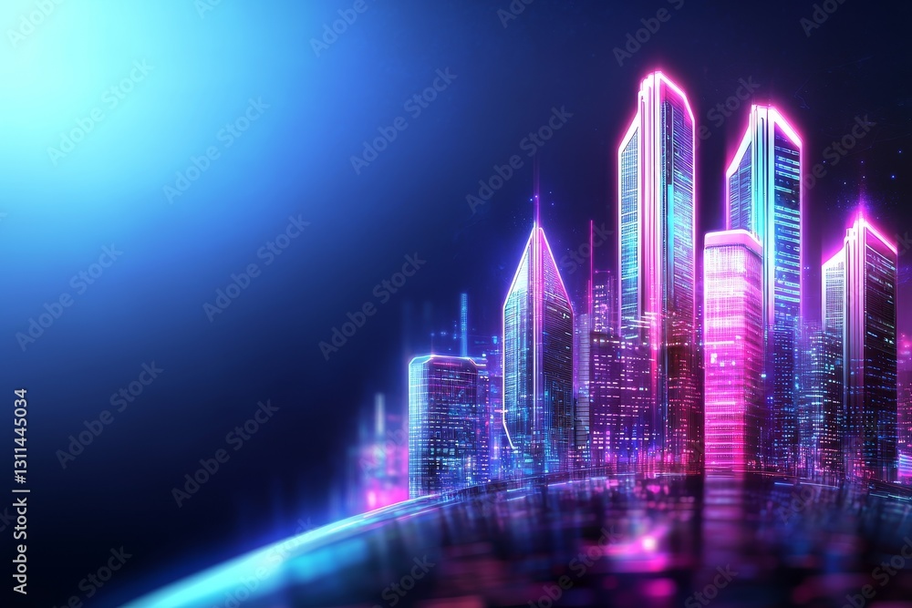 Poster a futuristic city skyline illuminated with vibrant neon colors against a dark background, creating a