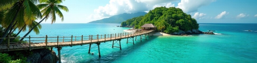 Precariously swaying bamboo bridge spans turquoise sea to lush island , travel photography, sea
