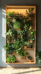 Naklejka premium Vertical garden with neatly arranged potted plants on a light wooden frame