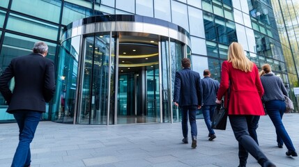 Obraz premium A group of professionals walking towards a modern glass building with a revolving door, showcasing a bustling business environment.