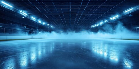 The empty hockey arena is shrouded in fog, adding a sense of mystery.