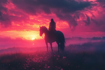 Fototapeta premium Rider on horseback silhouetted against a vibrant sunset sky with dramatic colors