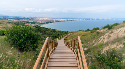 Fototapeta premium A breathtaking coastal view framed by rustic wooden steps