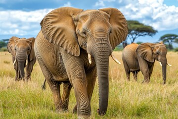 Obraz premium A herd of elephants grazes peacefully in a lush, open landscape under a bright blue sky, showcasing their majestic presence in nature.