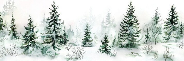 Fototapeta premium A serene watercolor illustration of snowy pine trees.