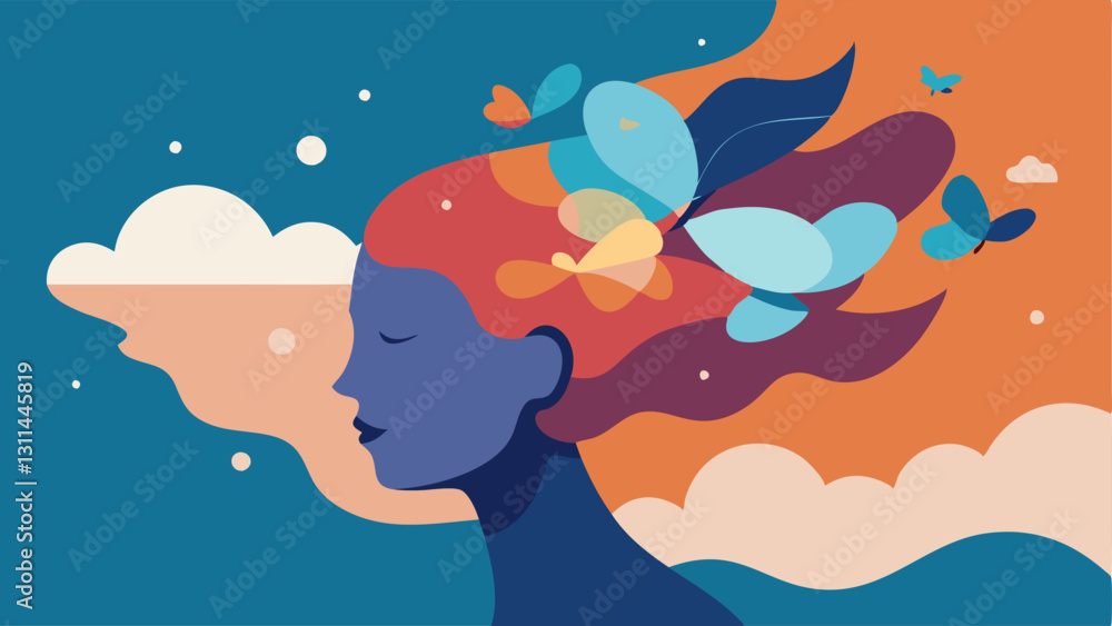 Poster transformation of thoughts a side view of a person whose head is enveloped in a vibrant cloud formed