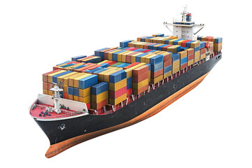 Industrial container ship with stacked containers on deck isolated on transparent background